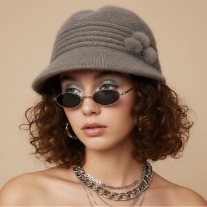 Y2K Fuzzy Cloche Hat Gray Visor Brim Winter Glam